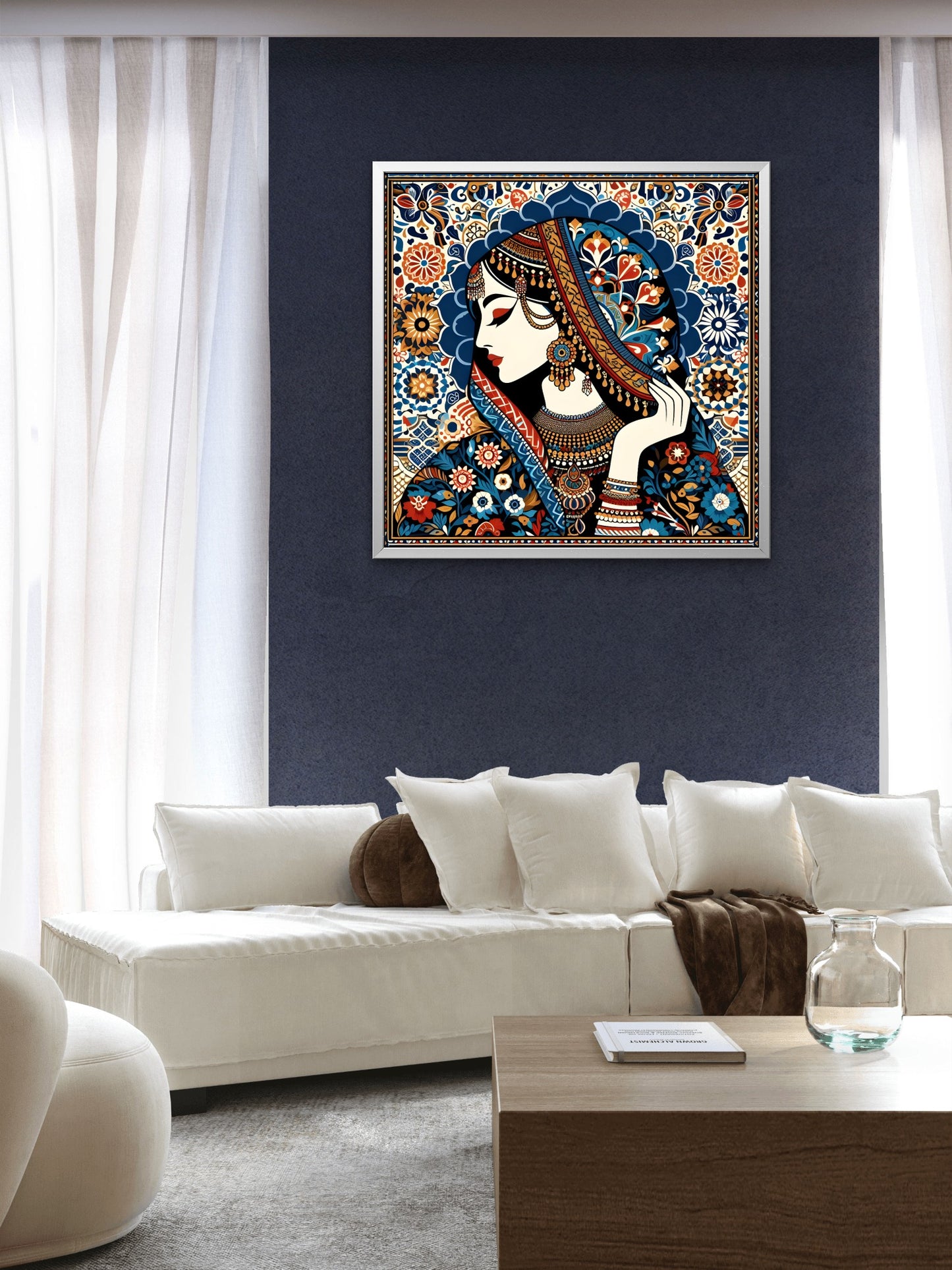 Indian tradional woman in floral Pattern-Luxurious-Indian Culture &  Folk Art-3D Textured Wall Art | UV Embossed Canvas Wall Frame for Home decor
