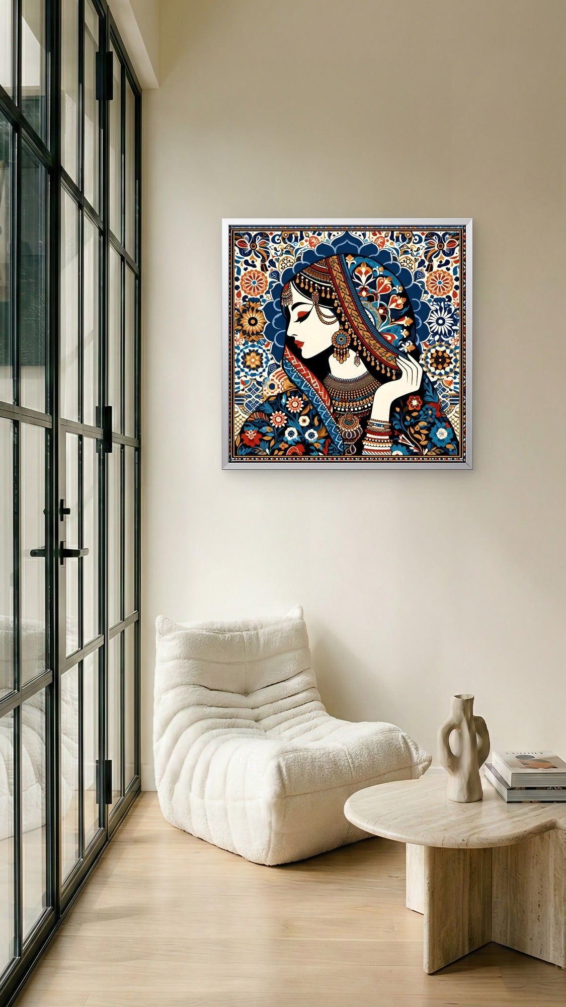 Indian tradional woman in floral Pattern-Luxurious-Indian Culture &  Folk Art-3D Textured Wall Art | UV Embossed Canvas Wall Frame for Home decor