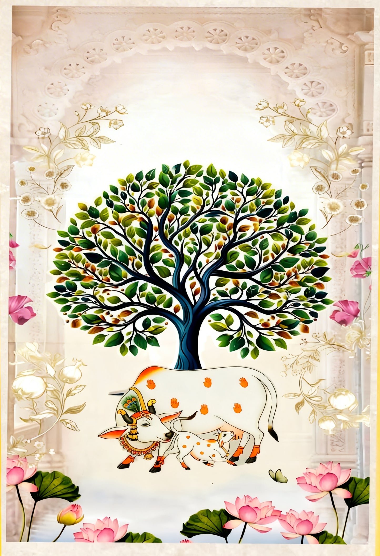 Kamadhenu's Serenity-Luxurious-Indian Culture &  Folk Art 3D Textured Wall Art | UV Printed Embossed Canvas Wall Frame for Home Decor,living Room