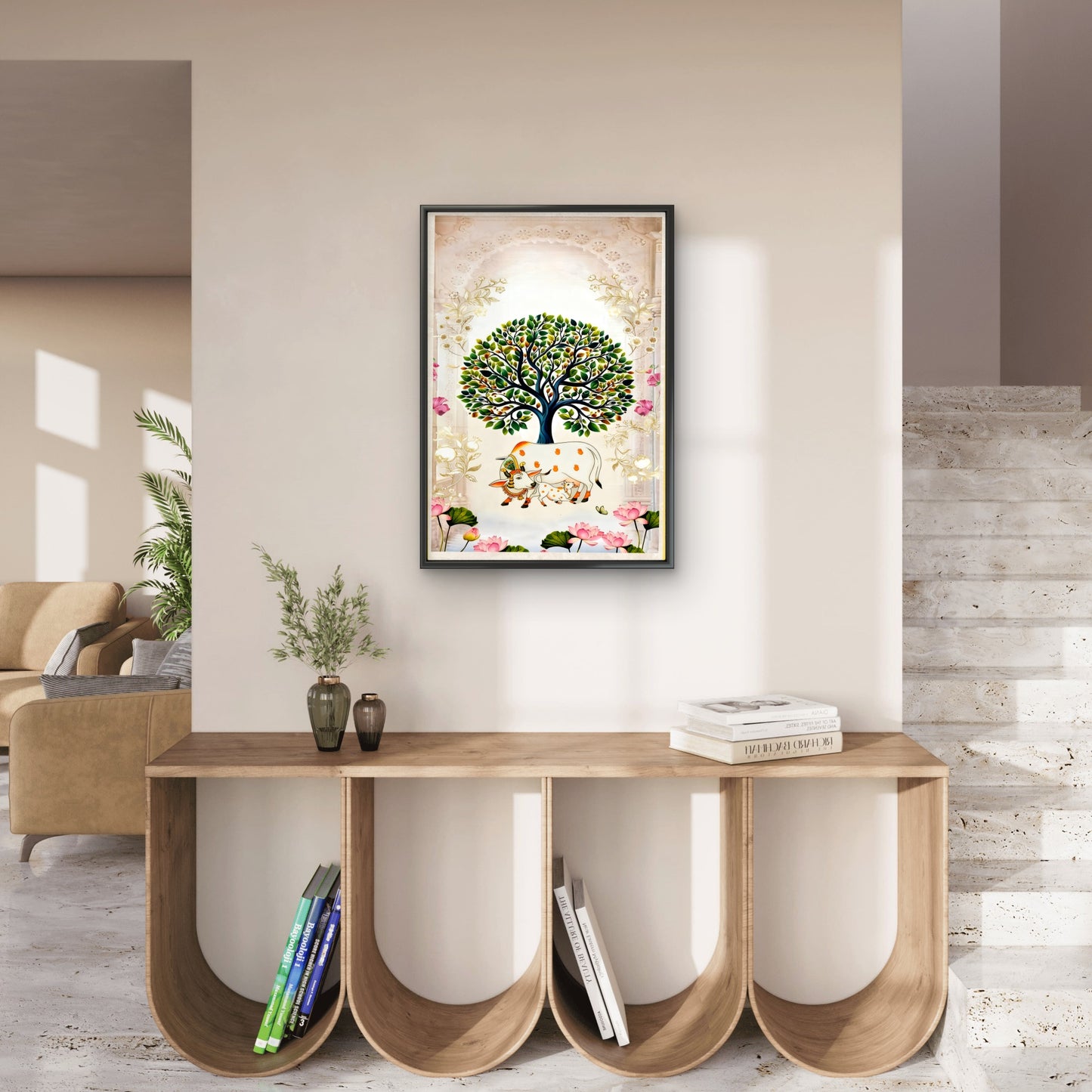 Kamadhenu's Serenity-Luxurious-Indian Culture &  Folk Art 3D Textured Wall Art | UV Printed Embossed Canvas Wall Frame for Home Decor,living Room