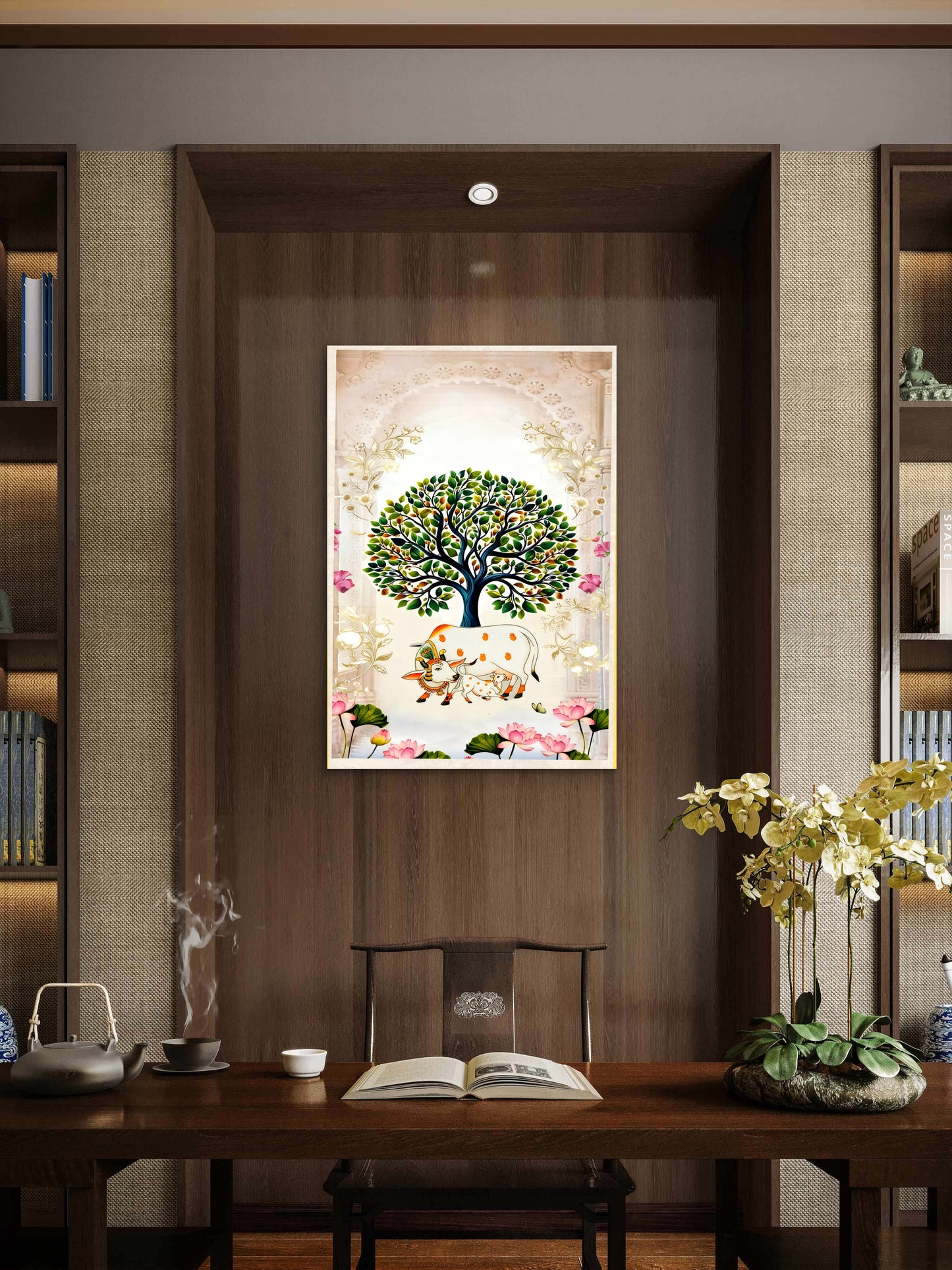 Kamadhenu's Serenity-Luxurious-Indian Culture &  Folk Art 3D Textured Wall Art | UV Printed Embossed Canvas Wall Frame for Home Decor,living Room