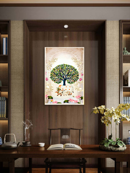 Kamadhenu's Serenity-Luxurious-Indian Culture &  Folk Art 3D Textured Wall Art | UV Printed Embossed Canvas Wall Frame for Home Decor,living Room