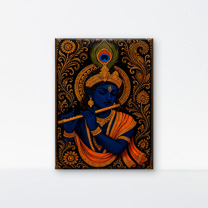 Krishna in Gold-Luxurious-Spiritual & Mindful 3D Textured Wall Art | UV Printed Embossed Canvas Wall Frame for Prayer room ,Meditation Space