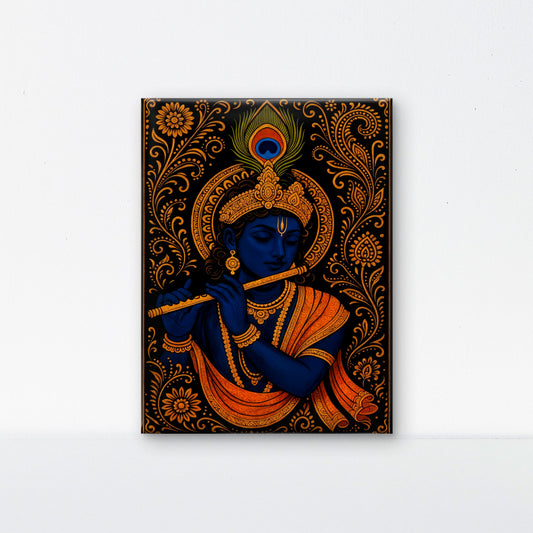 Krishna in Gold-Luxurious-Spiritual & Mindful 3D Textured Wall Art | UV Printed Embossed Canvas Wall Frame for Prayer room ,Meditation Space