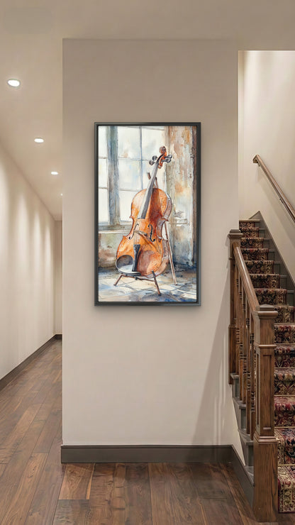 vintage guitar -wooden-cello-against-sunlit-window-rustic-setting-Luxurious-Lifestyle & Hobbies-3D Textured Wall Art | UV Embossed Canvas Wall Frame for Kids room and Sports area