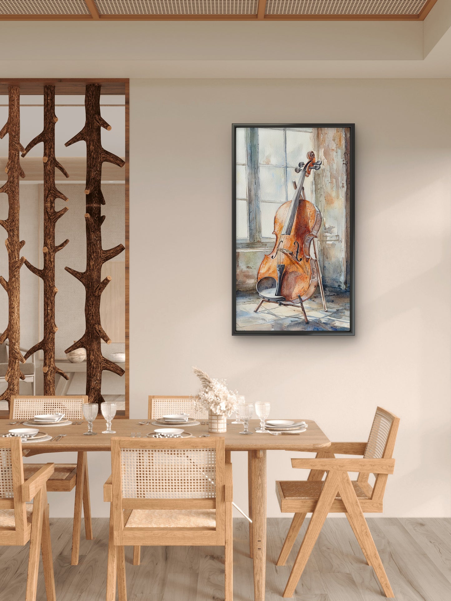 vintage guitar -wooden-cello-against-sunlit-window-rustic-setting-Luxurious-Lifestyle & Hobbies-3D Textured Wall Art | UV Embossed Canvas Wall Frame for Kids room and Sports area