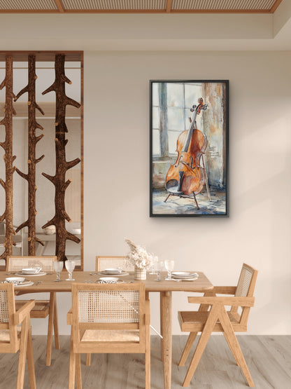 vintage guitar -wooden-cello-against-sunlit-window-rustic-setting-Luxurious-Lifestyle & Hobbies-3D Textured Wall Art | UV Embossed Canvas Wall Frame for Kids room and Sports area