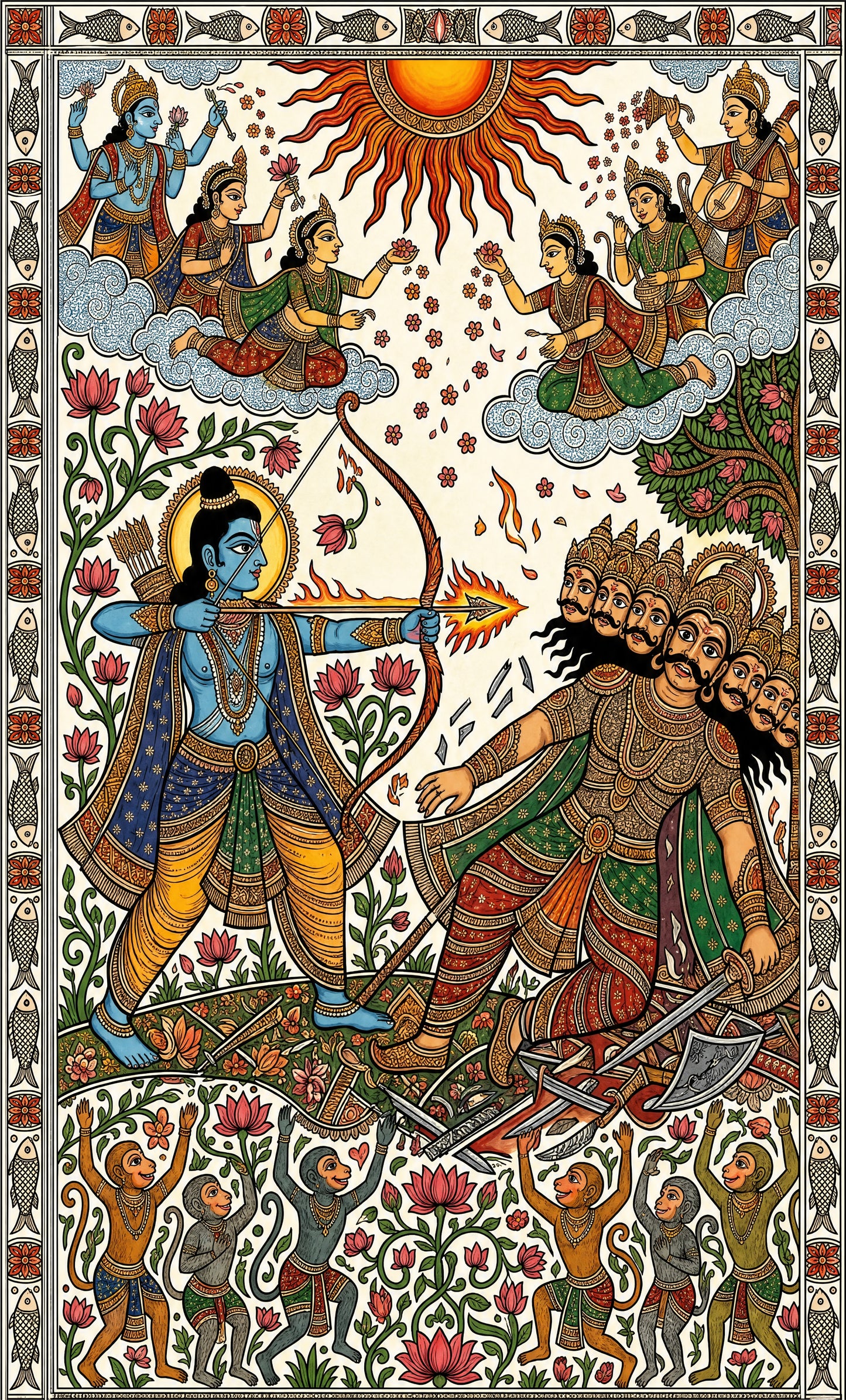 Lord Rama shooting an arrow at Ravana in Madhubani/Mithila Folk Art-Luxurious-3D Textured Wall Art | UV Embossed Canvas Wall Frame for Home decor