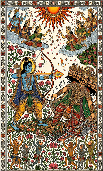 Lord Rama shooting an arrow at Ravana in Madhubani/Mithila Folk Art-Luxurious-3D Textured Wall Art | UV Embossed Canvas Wall Frame for Home decor