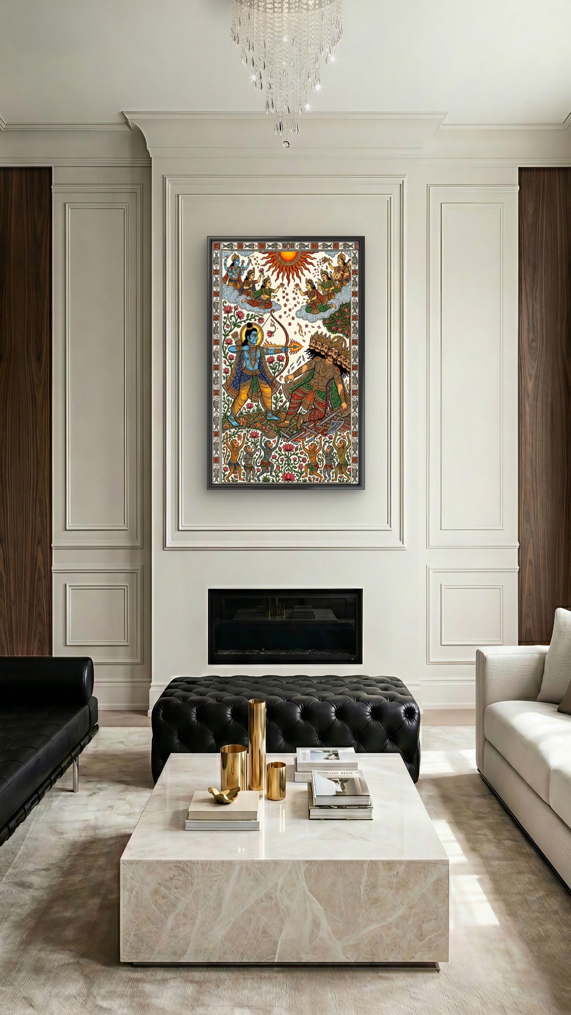 Lord Rama shooting an arrow at Ravana in Madhubani/Mithila Folk Art-Luxurious-3D Textured Wall Art | UV Embossed Canvas Wall Frame for Home decor