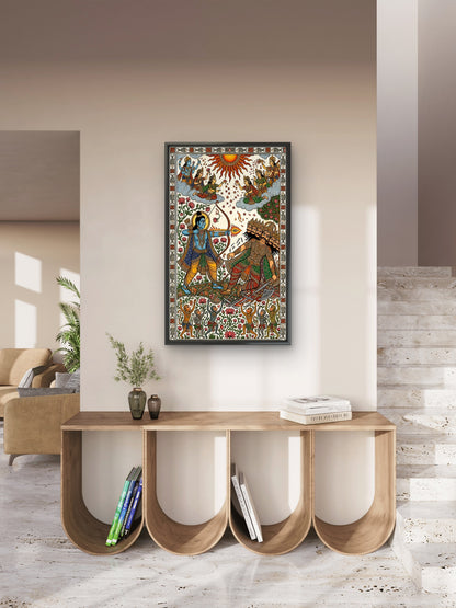 Lord Rama shooting an arrow at Ravana in Madhubani/Mithila Folk Art-Luxurious-3D Textured Wall Art | UV Embossed Canvas Wall Frame for Home decor