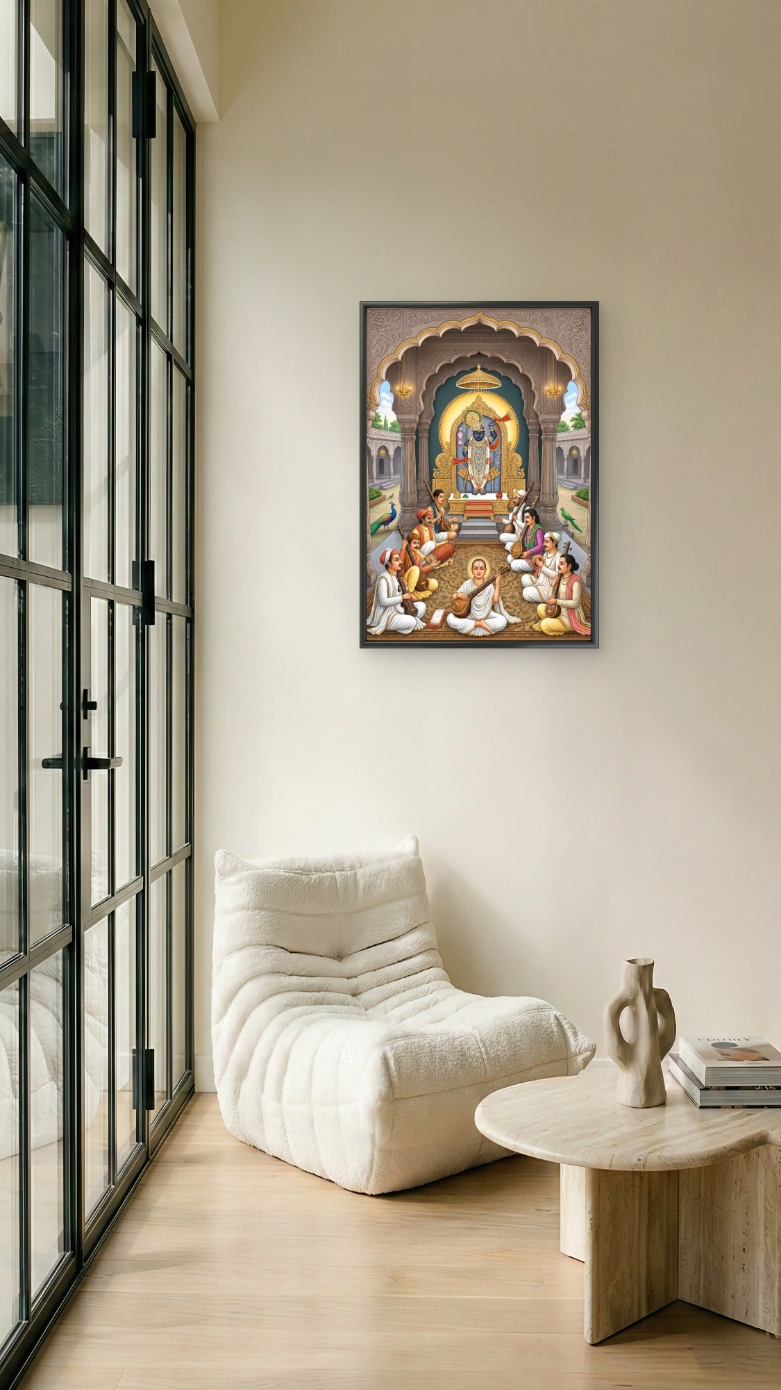 Lord Shrinathji seated on a golden throne within a temple-Luxurious-Pichwai Art-3D Textured Wall Art | UV Embossed Canvas Wall Frame for Home decor