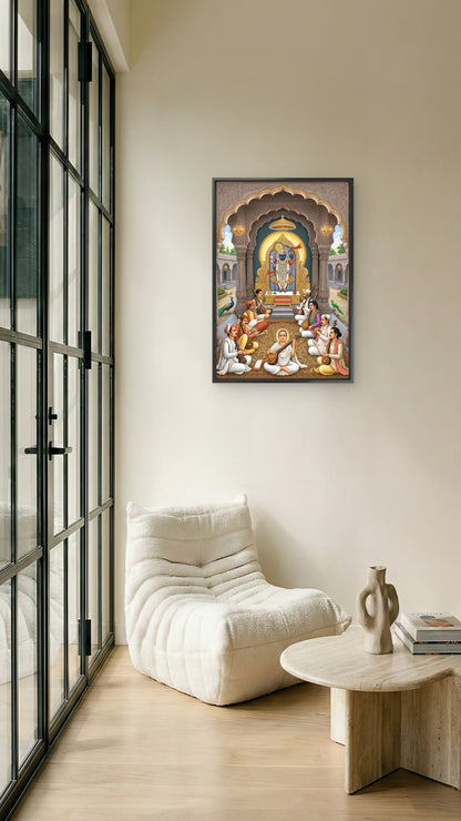 Lord Shrinathji seated on a golden throne within a temple-Luxurious-Pichwai Art-3D Textured Wall Art | UV Embossed Canvas Wall Frame for Home decor
