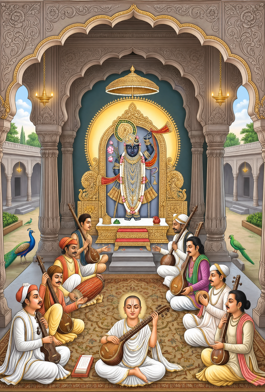 Lord Shrinathji seated on a golden throne within a temple-Luxurious-Indian Culture &  Folk Art-3D Textured Wall Art | UV Embossed Canvas Wall Frame for Home decor