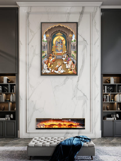 Lord Shrinathji seated on a golden throne within a temple-Luxurious-Pichwai Art-3D Textured Wall Art | UV Embossed Canvas Wall Frame for Home decor