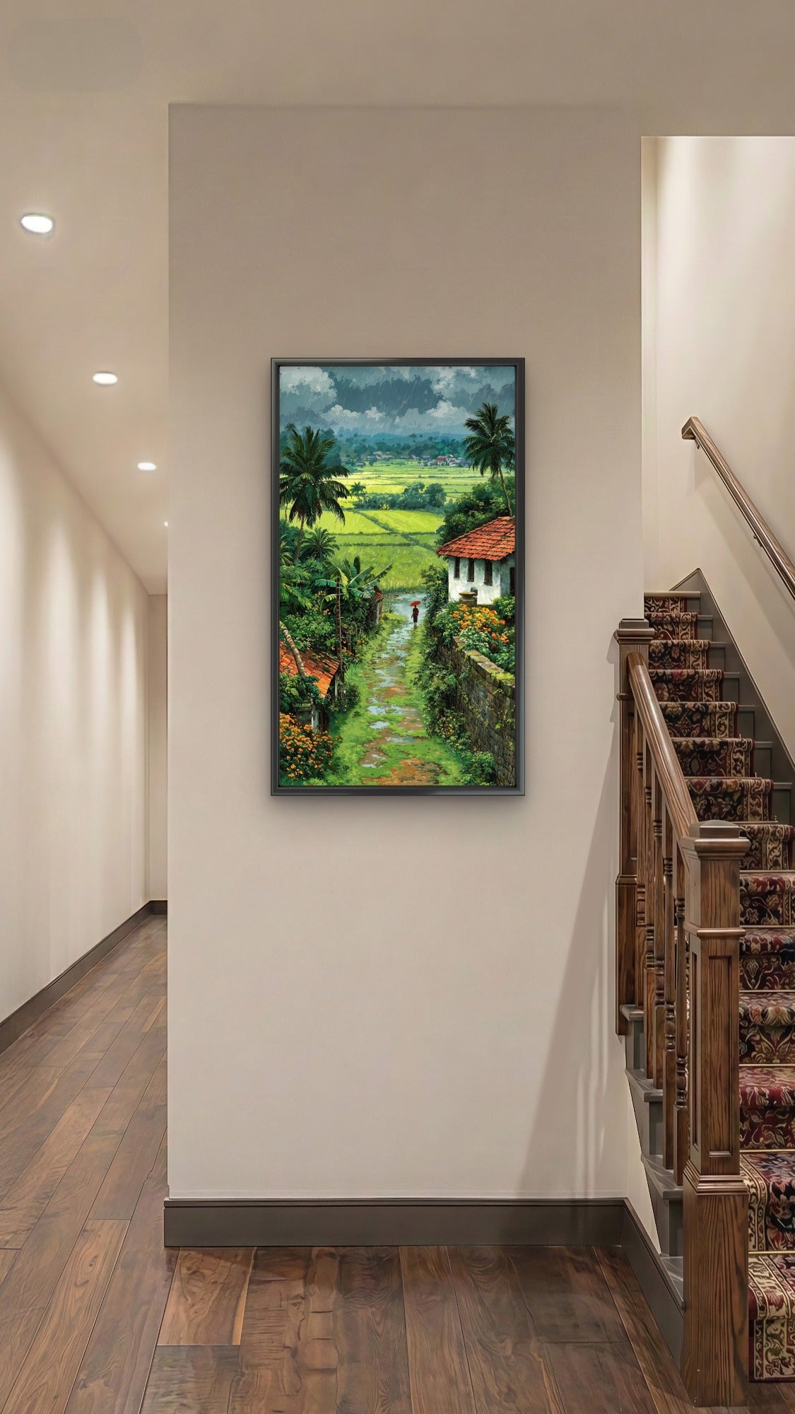 Lush Green Rice Fields & Red Umbrella Luxurious-Nature & Landscapes -3D Textured Wall Art | UV Embossed Canvas Wall Frame for Home decor