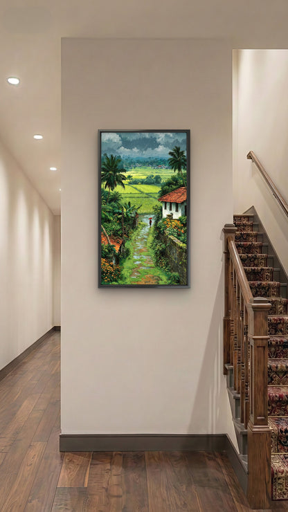 Lush Green Rice Fields & Red Umbrella Luxurious-Nature & Landscapes -3D Textured Wall Art | UV Embossed Canvas Wall Frame for Home decor