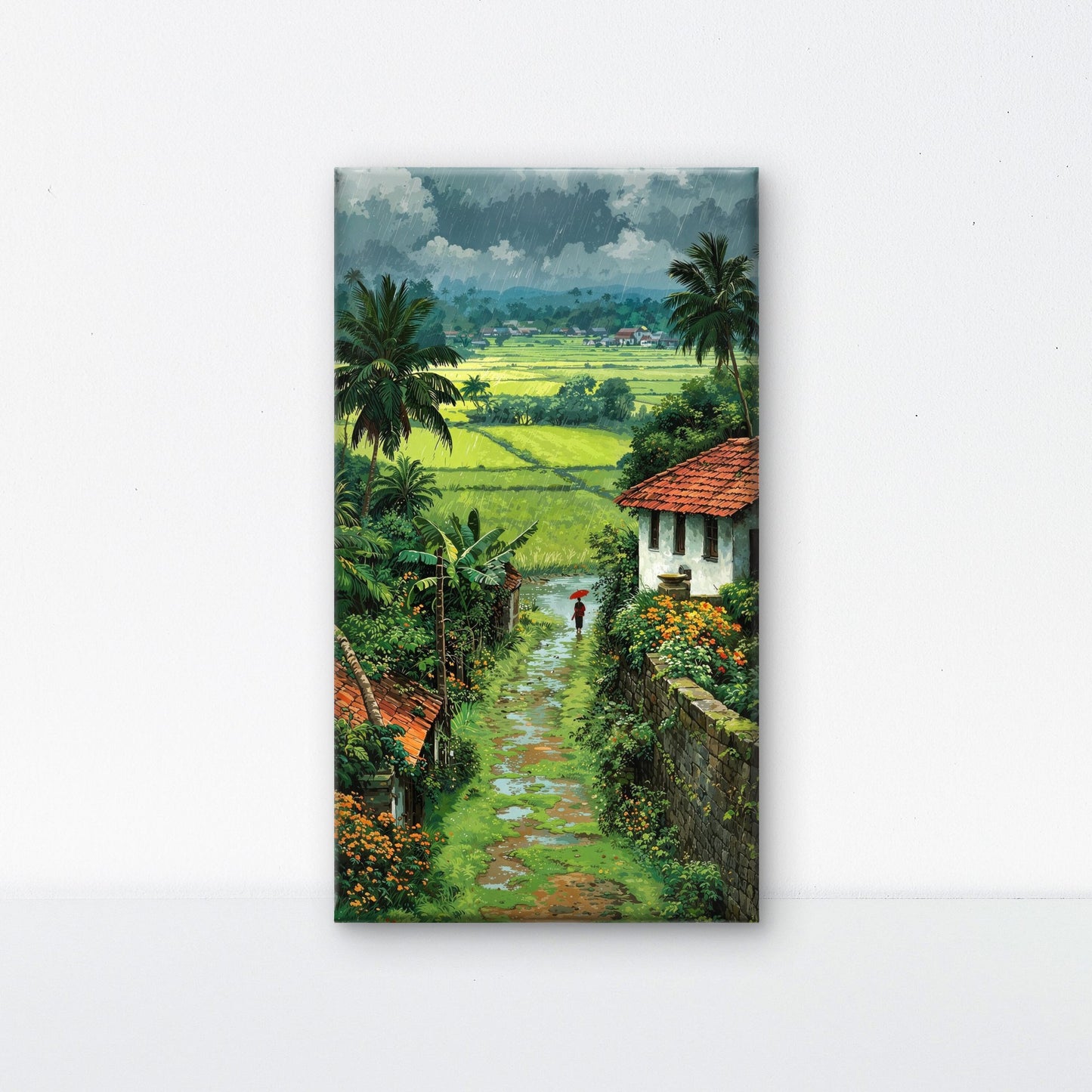 Lush Green Rice Fields & Red Umbrella Luxurious-Nature & Landscapes -3D Textured Wall Art | UV Embossed Canvas Wall Frame for Home decor