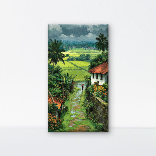 Lush Green Rice Fields & Red Umbrella Luxurious-Nature & Landscapes -3D Textured Wall Art | UV Embossed Canvas Wall Frame for Home decor