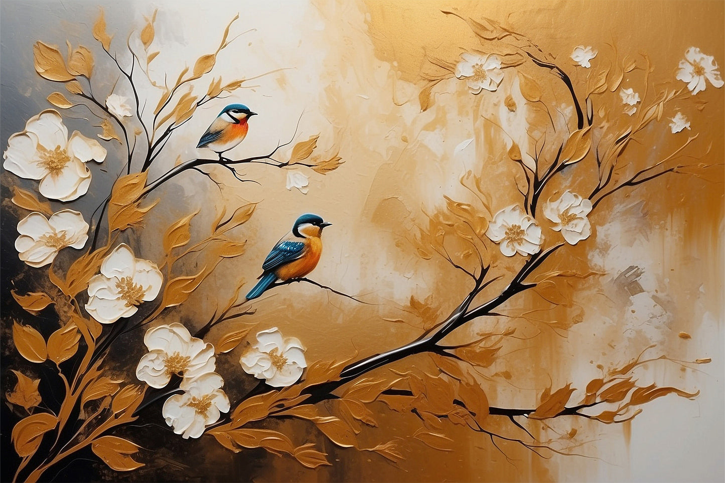 abstract-artistic-background-flowers-branches-animals-gold-canvas-Luxurious-Wildlife & Animals-3D Textured Wall Art | UV Embossed Canvas Wall Frame for Home decor and living room