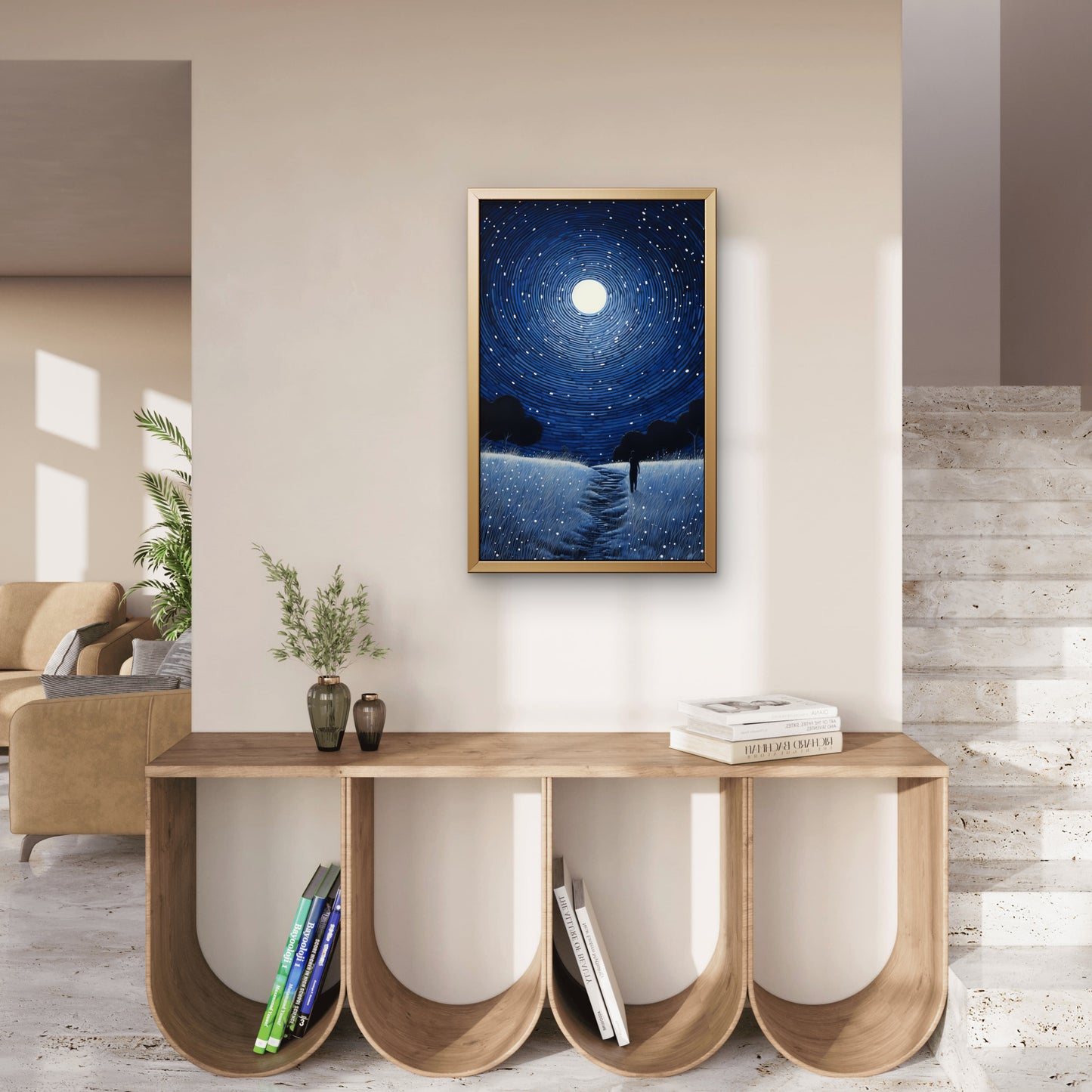 Man-walking-across-field-with-starry-sky-Luxury-Cosmic & Fantasy-3D Textured Wall Art | UV Embossed Canvas Wall Frame for Kids room and living room