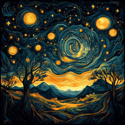 night-sky-with-trees-stars-abstract-Premium-Cosmic & Fantasy-3D Textured Wall Art | UV Embossed Canvas Wall Frame for Kids room and Restaurant