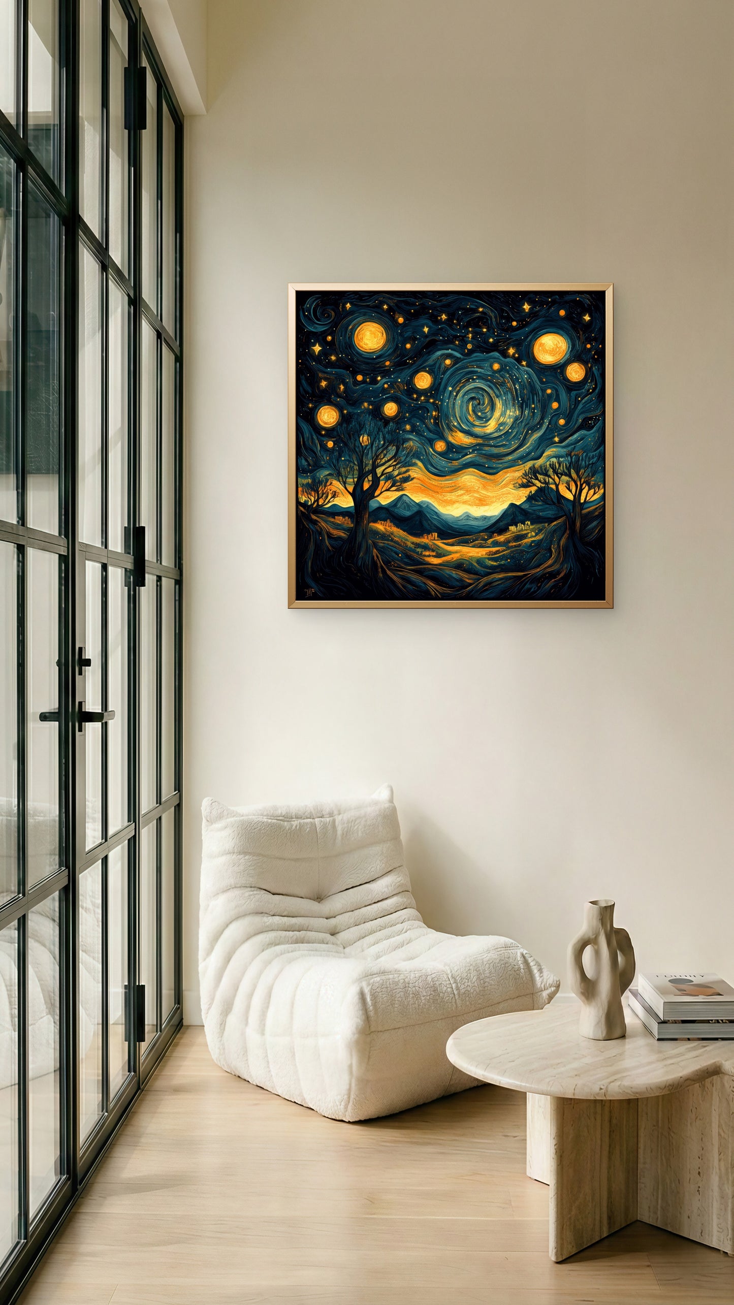 night-sky-with-trees-stars-abstract-Premium-Cosmic & Fantasy-3D Textured Wall Art | UV Embossed Canvas Wall Frame for Kids room and Restaurant