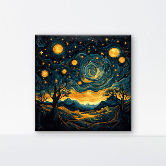 night-sky-with-trees-stars-abstract-Premium-Cosmic & Fantasy-3D Textured Wall Art | UV Embossed Canvas Wall Frame for Kids room and Restaurant