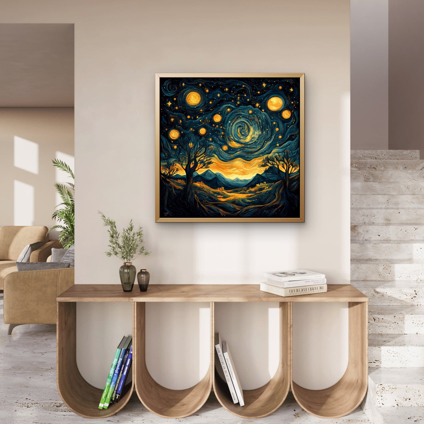 night-sky-with-trees-stars-abstract-Premium-Cosmic & Fantasy-3D Textured Wall Art | UV Embossed Canvas Wall Frame for Kids room and Restaurant