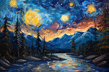 River-mountains-with-trees-stars-sky-Premium-Cosmic & Fantasy-3D Textured Wall Art | UV Embossed Canvas Wall Frame for Kids room and living room