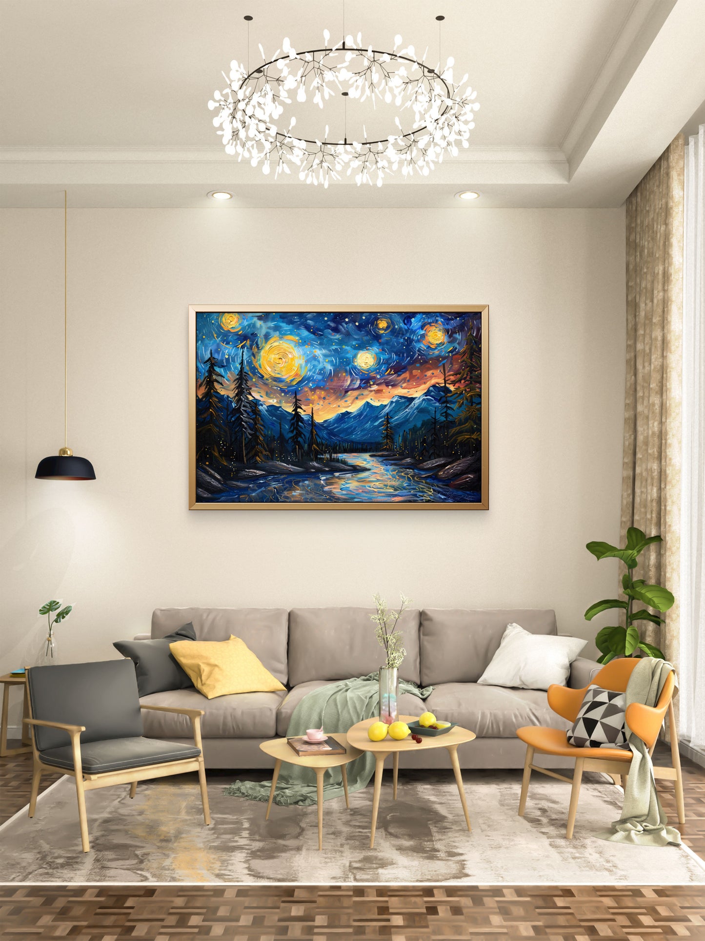 River-mountains-with-trees-stars-sky-Premium-Cosmic & Fantasy-3D Textured Wall Art | UV Embossed Canvas Wall Frame for Kids room and living room