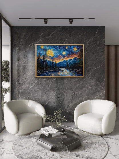 River-mountains-with-trees-stars-sky-Premium-Cosmic & Fantasy-3D Textured Wall Art | UV Embossed Canvas Wall Frame for Kids room and living room