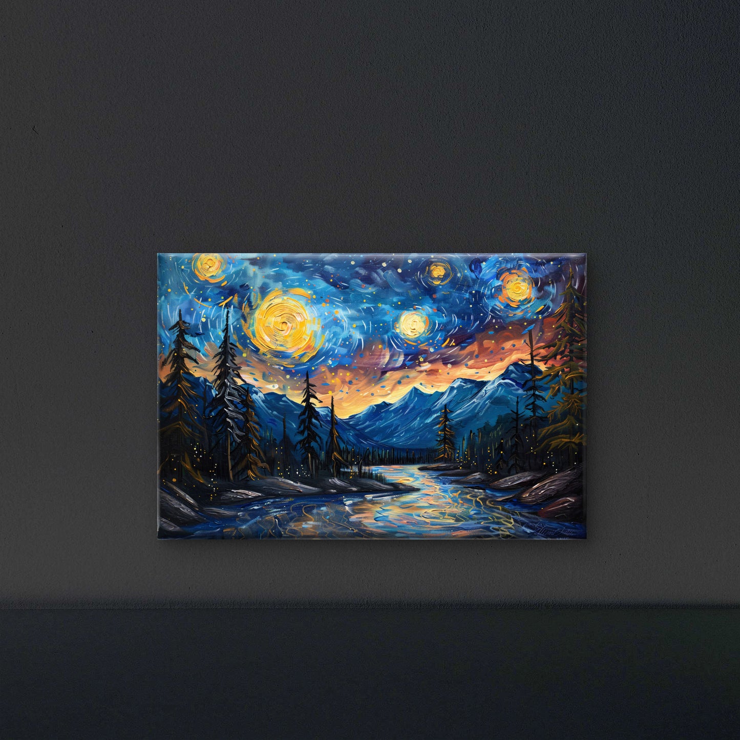 River-mountains-with-trees-stars-sky-Premium-Cosmic & Fantasy-3D Textured Wall Art | UV Embossed Canvas Wall Frame for Kids room and living room