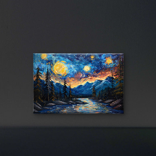 River-mountains-with-trees-stars-sky-Premium-Cosmic & Fantasy-3D Textured Wall Art | UV Embossed Canvas Wall Frame for Kids room and living room