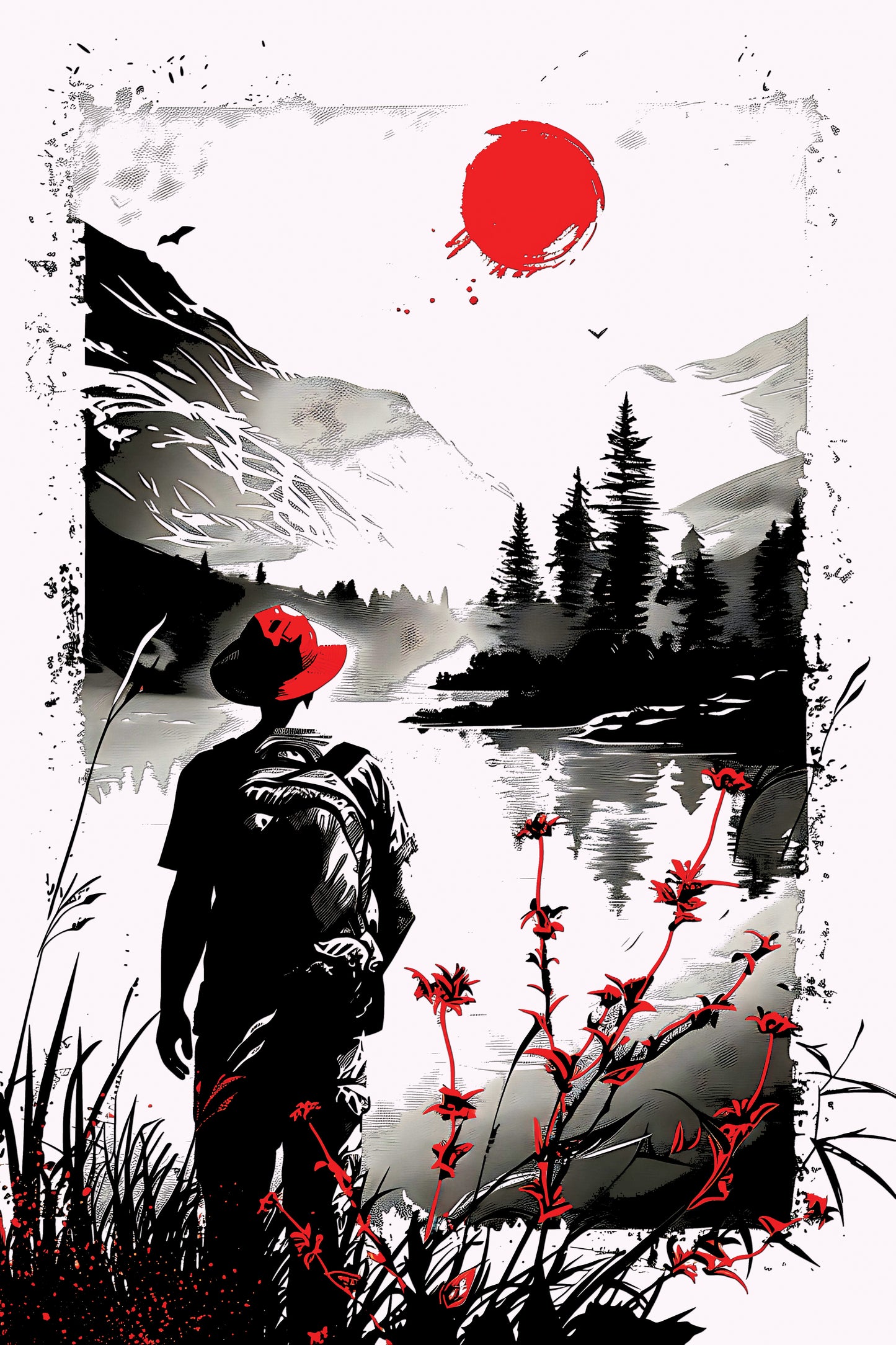 woman-stands-front-lake-with-red-flower-Luxurious-Nature and landscape | 3D Textured Wall Art | UV Printed Embossed Canvas Wall Frame for Home Decor,Living Room