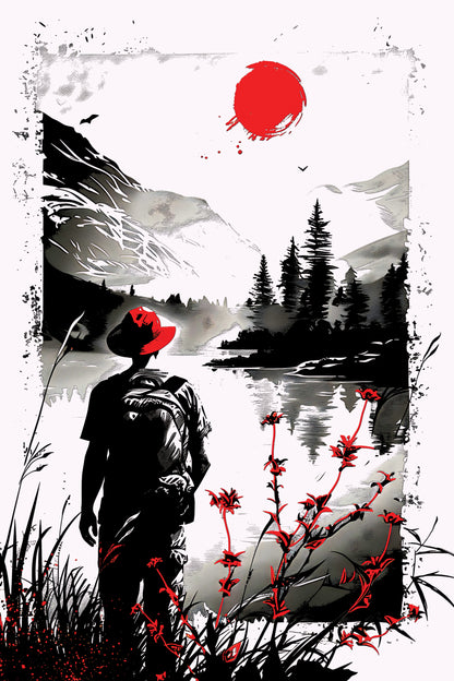 woman-stands-front-lake-with-red-flower-Luxurious-Nature and landscape | 3D Textured Wall Art | UV Printed Embossed Canvas Wall Frame for Home Decor,Living Room