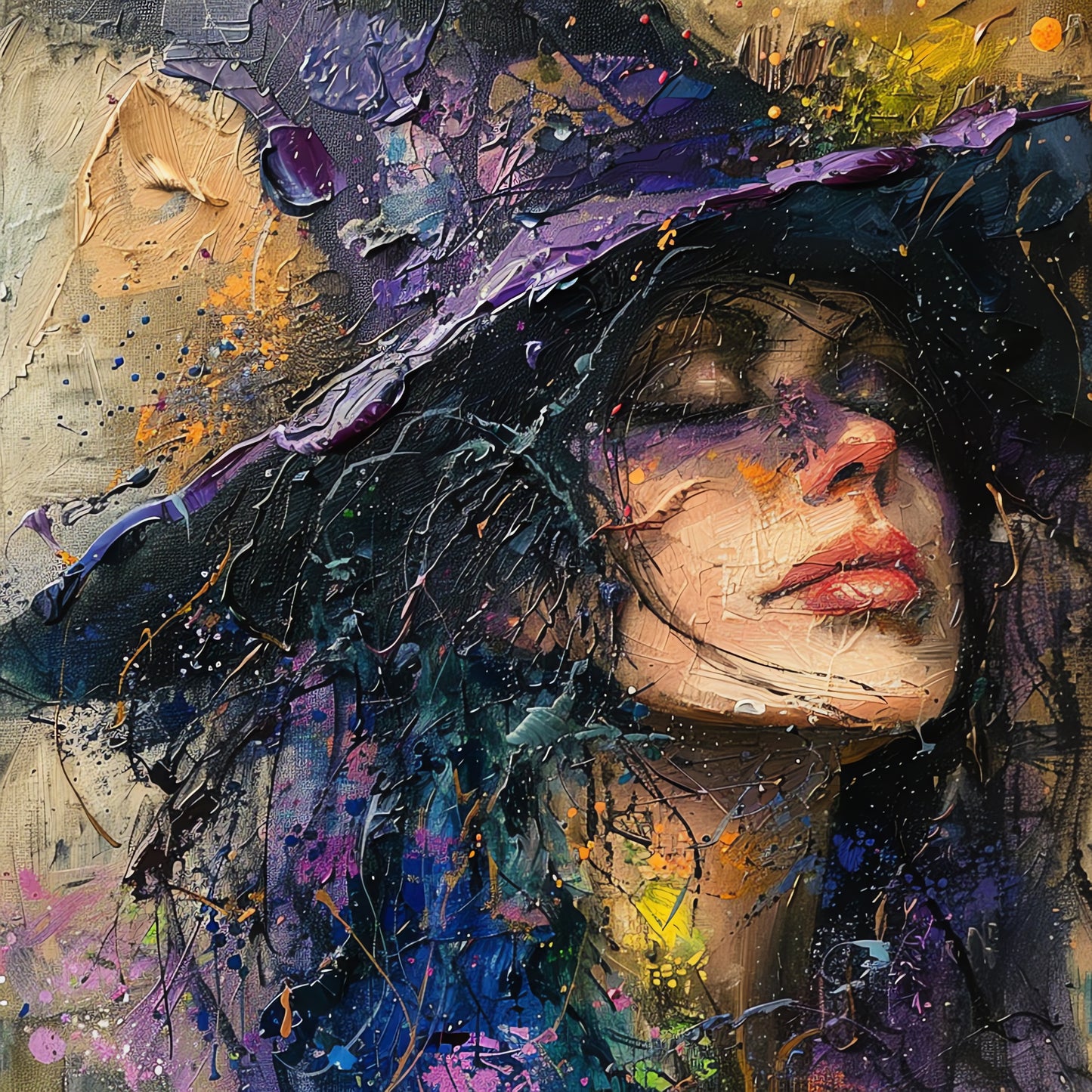 Woman-with-hat-purple-hat-Luxurious-Lifestyle & Hobbies-3D Textured Wall Art | UV Embossed Canvas Wall Frame for Kids room and home decor