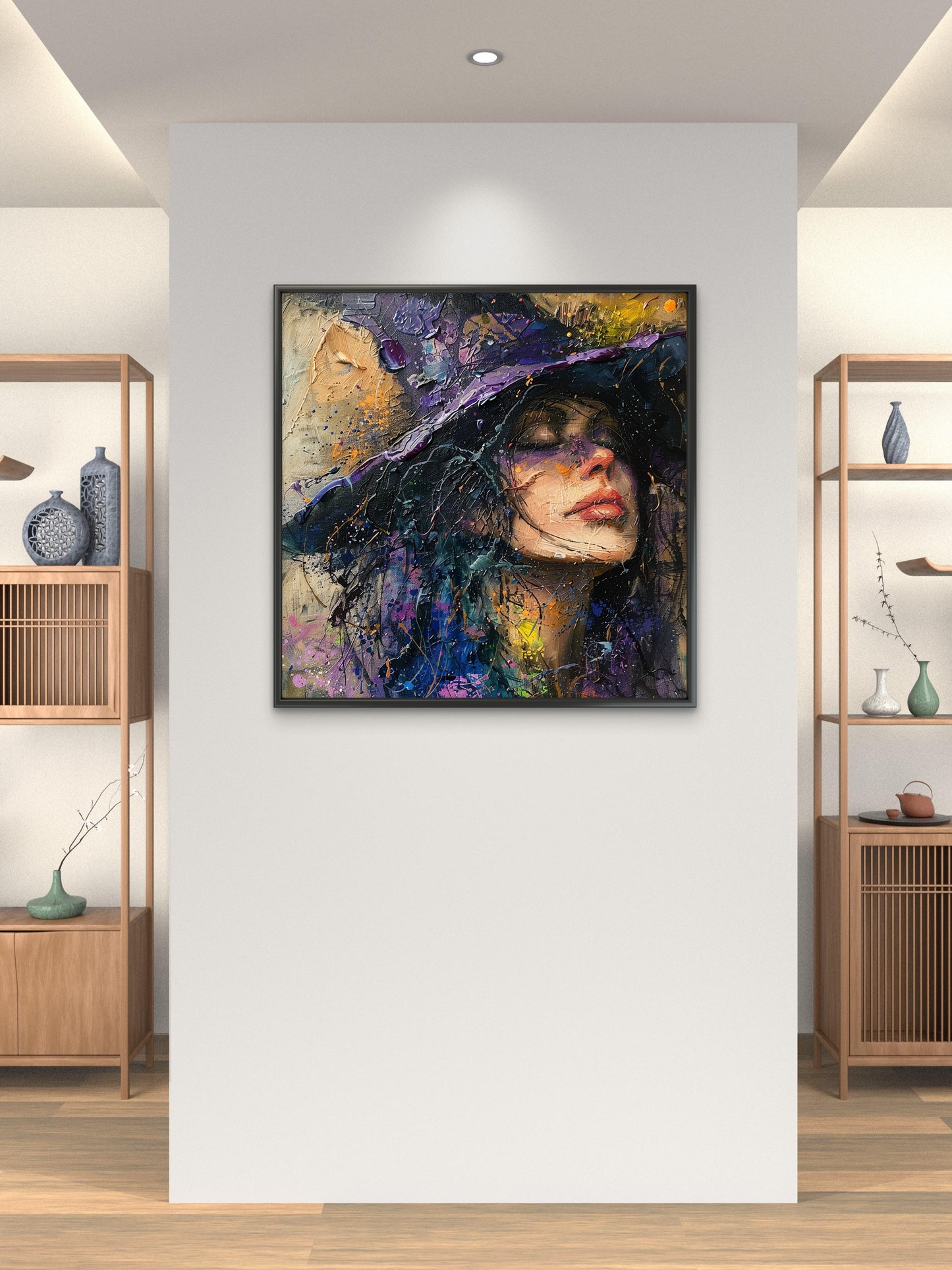 Woman-with-hat-purple-hat-Luxurious-Lifestyle & Hobbies-3D Textured Wall Art | UV Embossed Canvas Wall Frame for Kids room and home decor