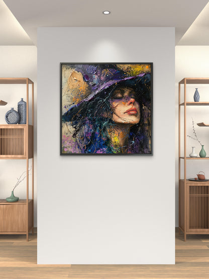 Woman-with-hat-purple-hat-Luxurious-Lifestyle & Hobbies-3D Textured Wall Art | UV Embossed Canvas Wall Frame for Kids room and home decor