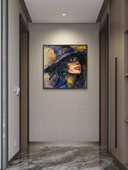 Woman-with-hat-purple-hat-Luxurious-Lifestyle & Hobbies-3D Textured Wall Art | UV Embossed Canvas Wall Frame for Kids room and home decor