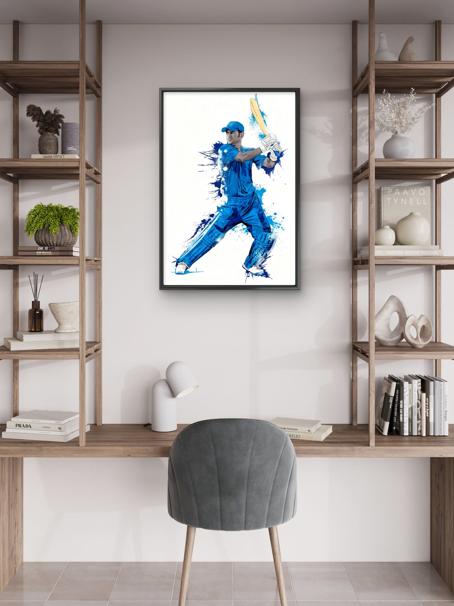MS Dhoni Digital Mixed Media-Luxurious-Lifestyle & Hobbies-3D Textured Wall Art | UV Embossed Canvas Wall Frame for Kids room and Sports area