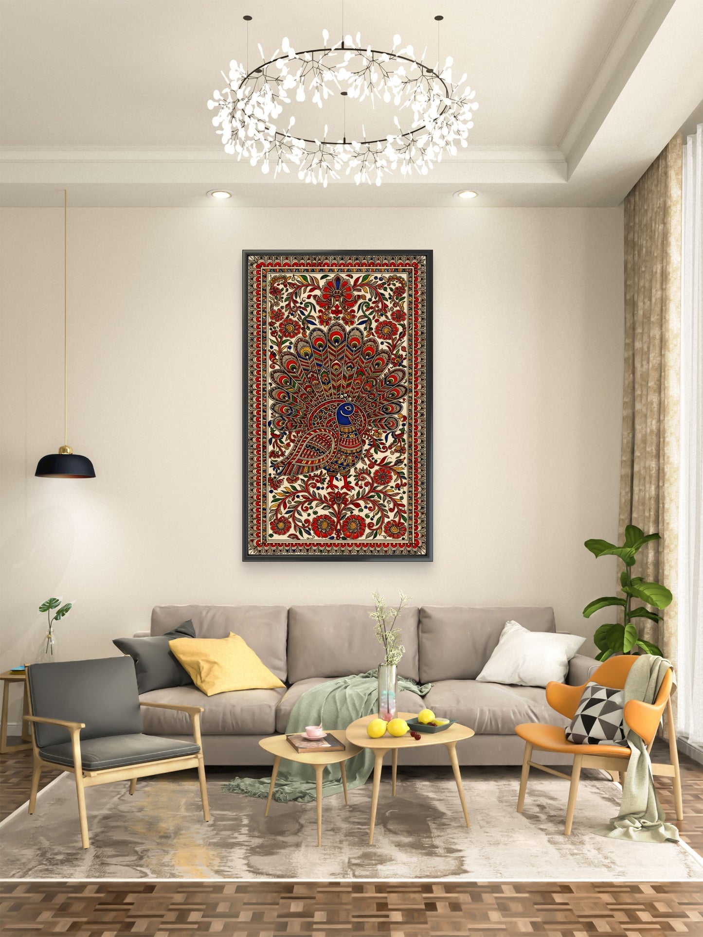 Madhubani Folk Art-Luxurious-Indian Culture &  Folk Art 3D Textured Wall Art | UV Printed Embossed Canvas Wall Frame for Home Decor,living Room