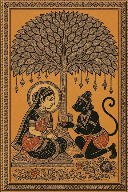 Madhubani sitamata and hanumanji-Luxurious-Indian Culture &  Folk Art 3D Textured Wall Art | UV Printed Embossed Canvas Wall Frame for Home Decor,living Room