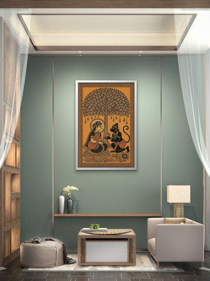 Madhubani sitamata and hanumanji-Luxurious-Indian Culture &  Folk Art 3D Textured Wall Art | UV Printed Embossed Canvas Wall Frame for Home Decor,living Room
