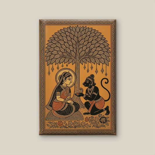 Madhubani sitamata and hanumanji-Luxurious-Indian Culture &  Folk Art 3D Textured Wall Art | UV Printed Embossed Canvas Wall Frame for Home Decor,living Room