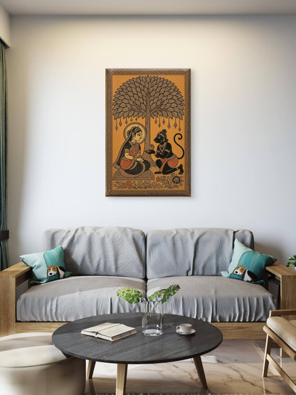Madhubani sitamata and hanumanji-Luxurious-Indian Culture &  Folk Art 3D Textured Wall Art | UV Printed Embossed Canvas Wall Frame for Home Decor,living Room