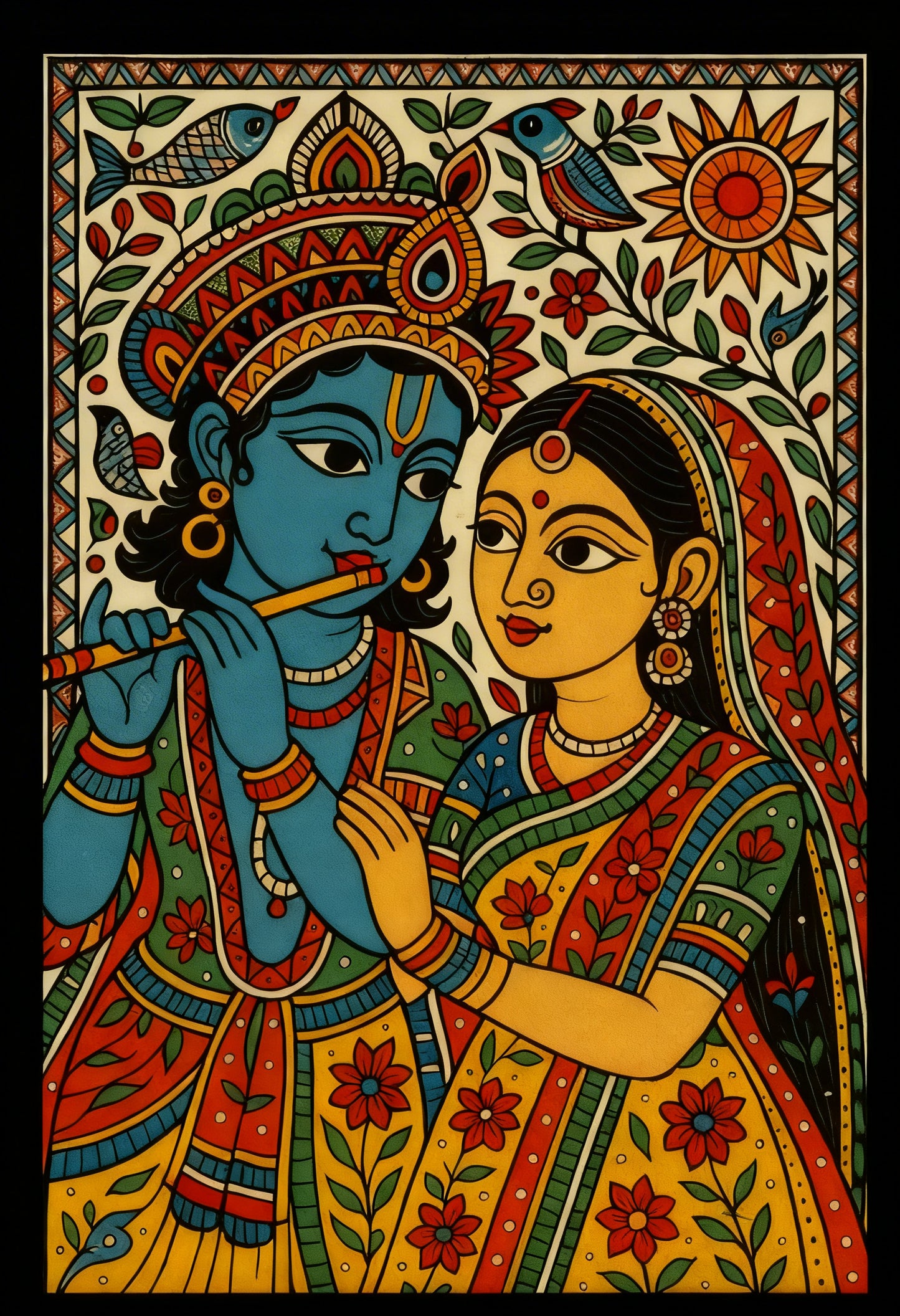 Madhubani radha krishna-Luxurious-Indian Culture &  Folk Art 3D Textured Wall Art | UV Printed Embossed Canvas Wall Frame for Home Decor,living Room