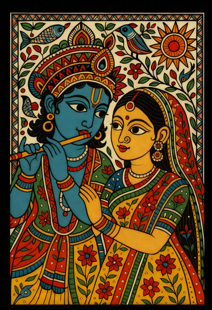 Madhubani radha krishna-Luxurious-Indian Culture &  Folk Art 3D Textured Wall Art | UV Printed Embossed Canvas Wall Frame for Home Decor,living Room