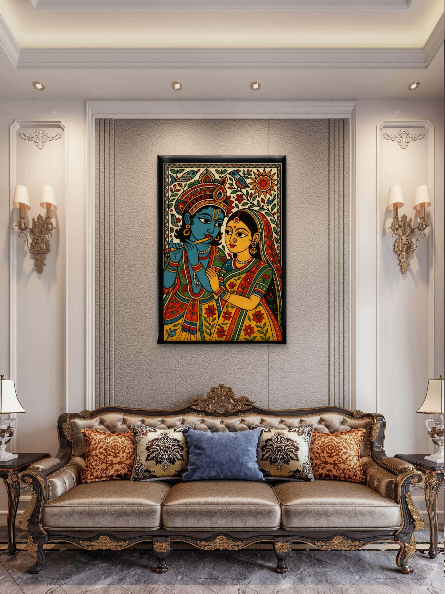 Madhubani radha krishna-Luxurious-Indian Culture &  Folk Art 3D Textured Wall Art | UV Printed Embossed Canvas Wall Frame for Home Decor,living Room