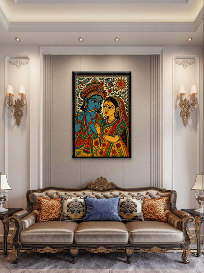 Madhubani radha krishna-Luxurious-Indian Culture &  Folk Art 3D Textured Wall Art | UV Printed Embossed Canvas Wall Frame for Home Decor,living Room